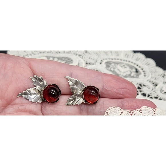 Sterling Silver and Amber Colored Glass Cabochon Screw Back Earrings - Picture 7 of 8